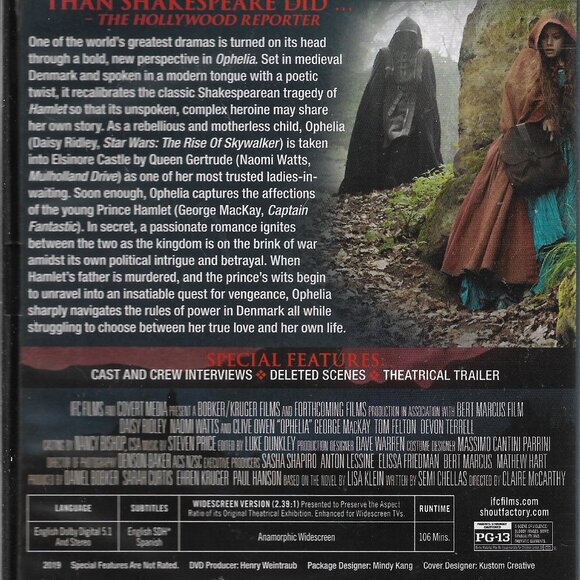 Ophelia (DVD, 2018) Daisy Ridley Naomi Watts Clive Owen Shout! Factory - Picture 2 of 2